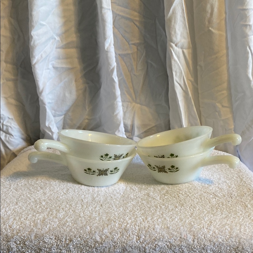 Vintage Anchor Hocking Fire King milk glass Meadow Green set of 4 soup bowls
